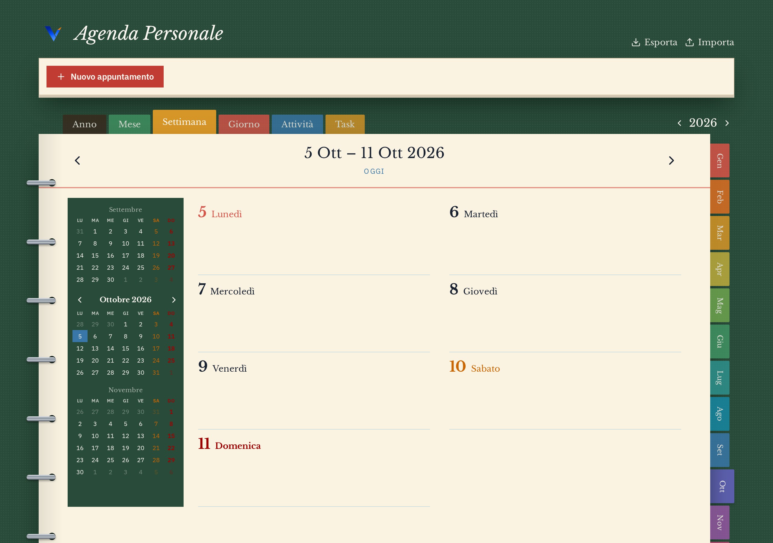 Agenda Personale: vista settimana con linguette dei mesi, anelli e mini-calendari