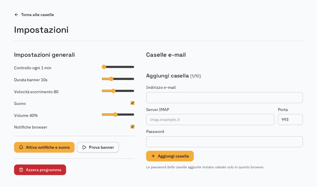 MailTicker: impostazioni di controllo, banner, suono e aggiunta delle caselle e-mail